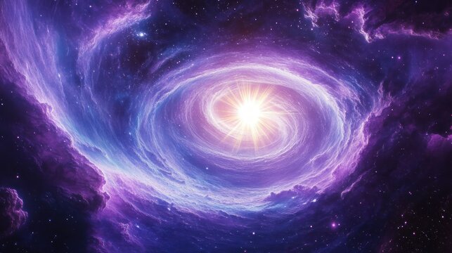 Bright radiant star at the center of a swirling purple and blue cosmic nebula with glowing clouds and scattered stars in deep space