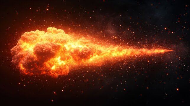 Bright fiery explosion with glowing orange flames and scattered sparks against a dark background conveying intense energy and dynamic motion