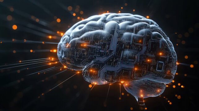 Futuristic digital human brain with glowing neural circuits and light connections symbolizing advanced technology and artificial intelligence
