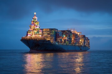 Lit container ship sails through night