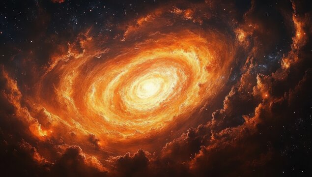 Vibrant swirling galaxy with bright fiery core surrounded by dark space and scattered distant stars emitting glowing orange clouds