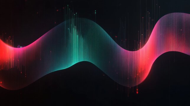 Abstract glowing wave formed by vertical light lines in vibrant pink and teal colors on a dark background, representing dynamic motion and modern digital energy