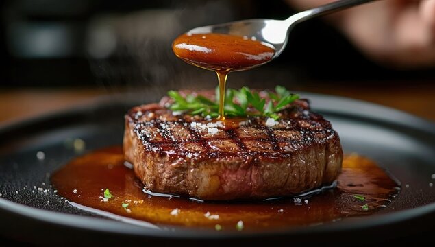 juicy grilled steak on black plate with fresh parsley garnish and rich brown sauce being poured from a spoon, capturing sizzling, savory, and appetizing appeal