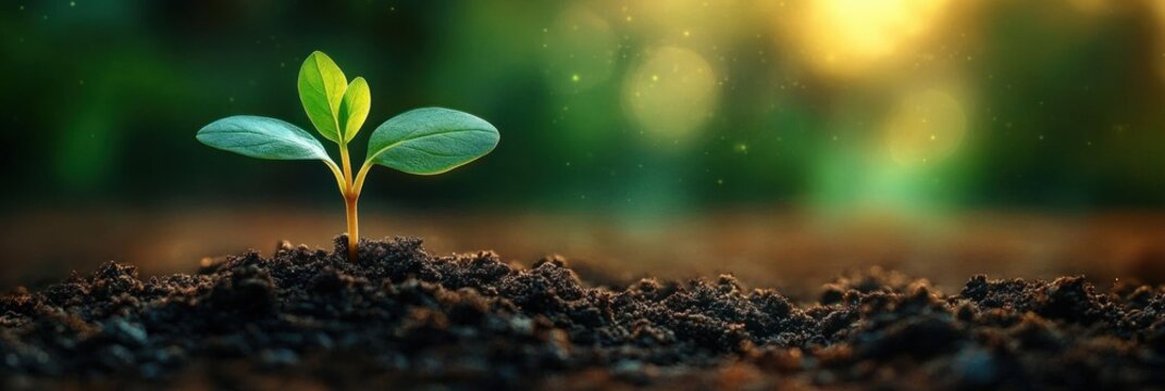 Young green seedling sprouting from dark fertile soil with warm golden sunlight and bokeh background symbolizing growth and renewal - Powered by Adobe