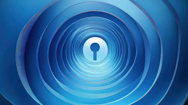 Abstract concentric circles in shades of blue forming a tunnel-like design with a keyhole shape at the center creating a sense of depth and focus