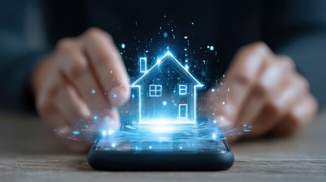 Digital Home Concept with Smartphone Displaying Holographic House, Virtual Reality and Modern Technology in Real Estate Home Management
