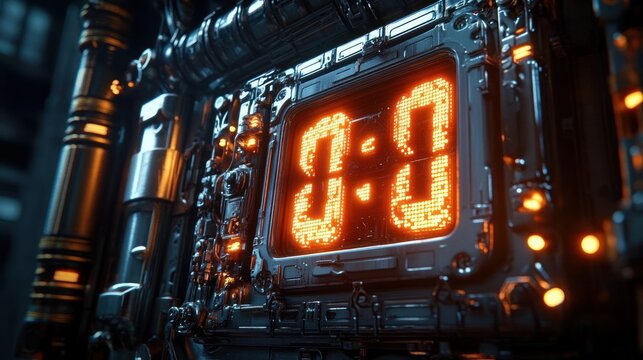 Close-up of a futuristic mechanical digital countdown timer with glowing orange numbers set in a complex metallic structure emitting a high-tech industrial ambiance