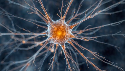 Neurons With Glowing Orange Center: High-Detail Nerve Cell Network in Neuroscience Visualization