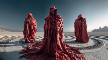 Three Red Cloaked Figures Stand in Surreal Desert Circle Under Blue Sky