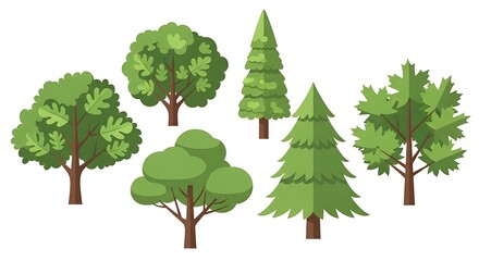 Diverse collection of vibrant green trees isolated on white background.