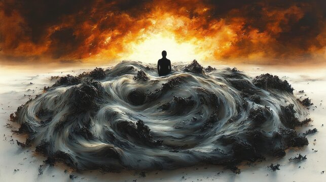 silhouette of a person sitting calmly amidst swirling dark turbulent waves under a fiery dramatic sky invoking a sense of solitude and contemplation