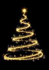 Abstract Golden Light Trail Christmas Tree on Black Background
