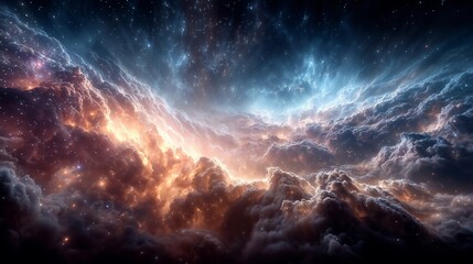 Epic Cosmic Clouds and Nebula Sunrise Over Vast Space Sky With Glowing Light