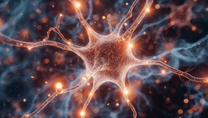 Neural Network Neuron Illustration With Glowing Synapses And Warm Orange Ambient Light