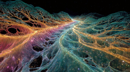 Vibrant Cosmic Forest Landscape With Nebulae, Luminous Roots, And Starry Night Sky