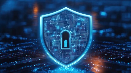 Glowing blue shield with a lock symbol in center representing digital security over a futuristic circuit board background with bright blue and orange highlights