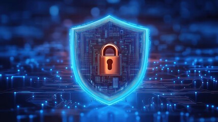 Glowing digital shield with a central padlock symbol representing cybersecurity and data protection on a futuristic circuit board background