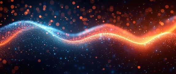 Abstract glowing wave patterns with blue and orange particles creating a dynamic and vibrant energy flow effect