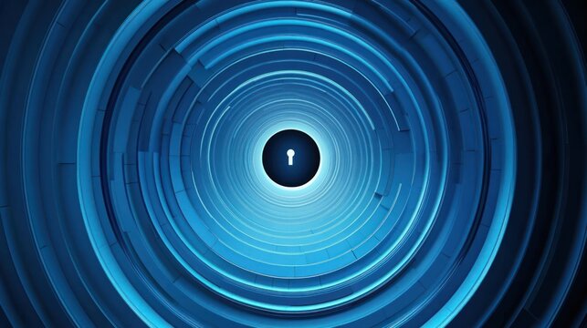 abstract concentric circular layers forming a tunnel with a glowing keyhole symbol in the center, blue gradient hues, futuristic and technological feeling
