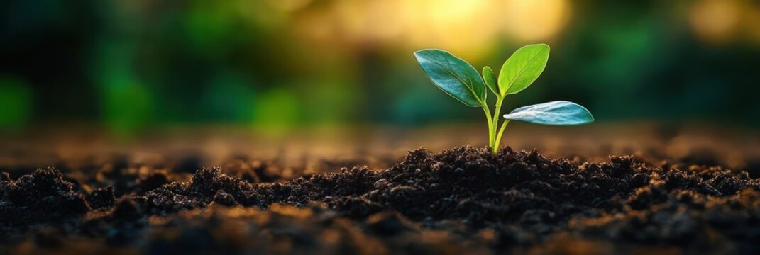 Small green plant sprouting from rich dark soil under warm sunlight with blurred natural background symbolizing growth and renewal - Powered by Adobe