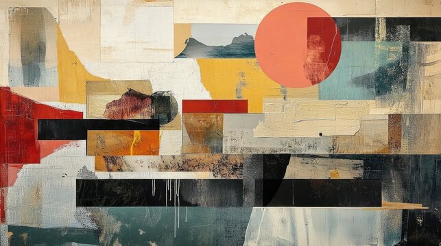 Abstract geometric composition with rectangular blocks, textured color patches in beige, red, black, yellow, and blue hues, featuring a large vibrant red circle and layered patterns