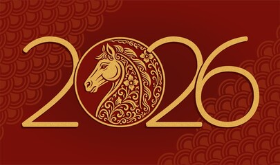 Luxury Chinese New Year 2026 Horse Symbol with Ornamental Golden Line Art on Red Background Elegant Horizontal Lunar Calendar Design