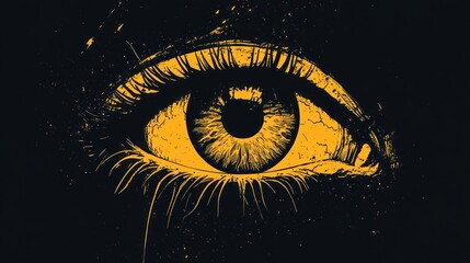 Detailed artistic illustration of a single eye with long eyelashes and intricate iris patterns in yellow and black colors, conveying a sense of mystery and intensity