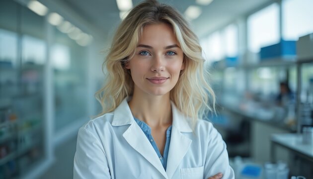 Young female scientist in lab coat smiles. Blonde woman works in modern research facility. She is focused on medical science progress and healthcare innovation.