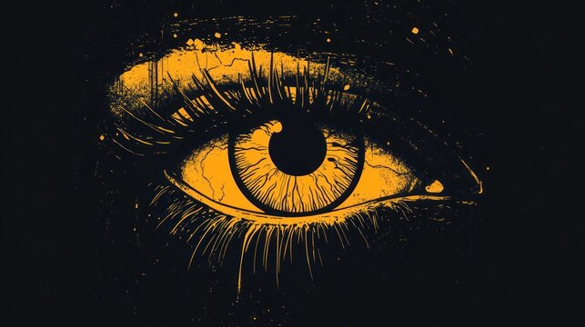 Close-up abstract artistic illustration of a detailed human eye in bright orange on black background conveying intensity and focus