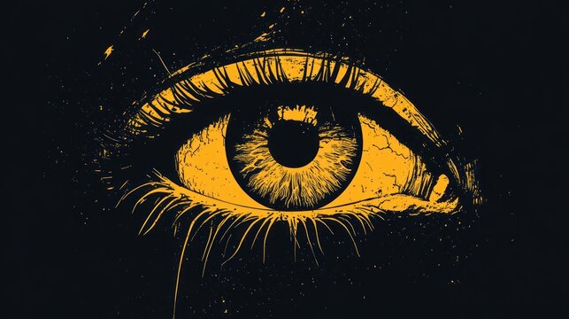 Detailed artistic illustration of a single eye with long eyelashes and intricate iris patterns in yellow and black colors, conveying a sense of mystery and intensity