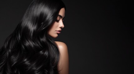 Naklejka premium Stunning Profile of a Woman with Silky Long Black Hair Against a Dark Background, Showcasing Hair Texture and Radiance in a Fashionable Portrait
