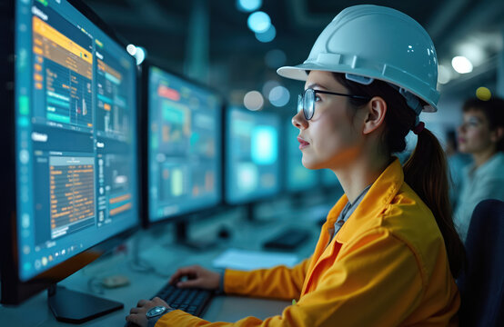 Engineer woman in hard hat, safety jacket works on computer. Female technician monitors system on multiple screens. Industrial control room with operators. Woman uses keyboard, focuses on data.