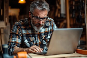 Focused middle-aged man with gray hair and beard wearing safety glasses and plaid shirt working on laptop in workshop with tools in background