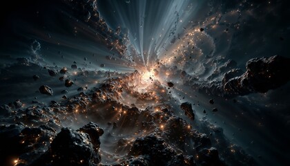 Cosmic Explosion Amid Asteroid Field: Deep Space Nebula With Radiant Light Beams