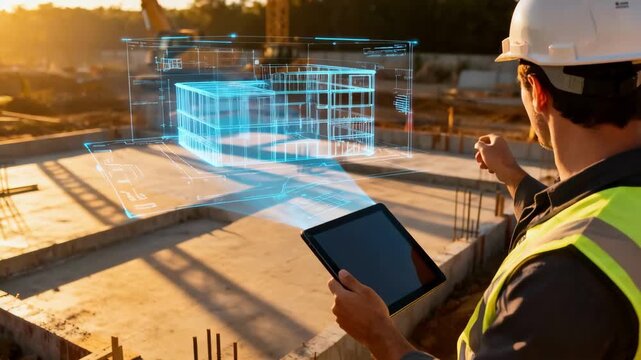 Engineer interacting with a digital tablet displaying a comprehensive augmented reality layout of a building project in an outdoor setting.