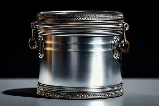 shiny metal container with ornate details and side handles on a reflective surface with dark background - Powered by Adobe