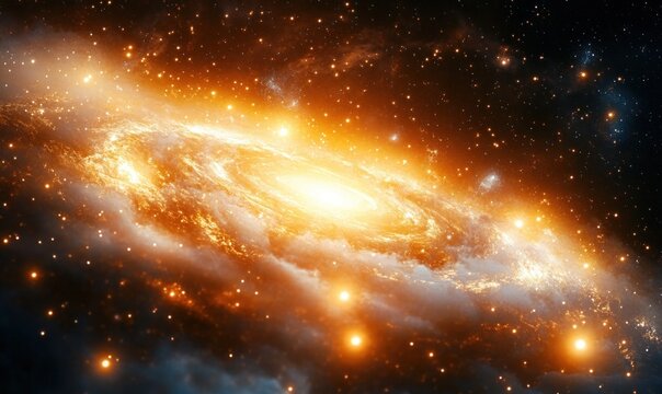 Brightly glowing spiral galaxy with a luminous core surrounded by swirling clouds of cosmic dust and numerous scattered stars in deep space
