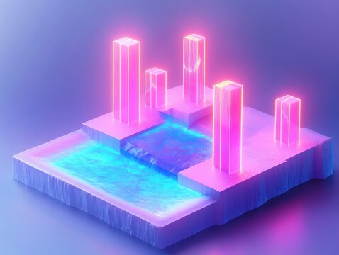Glowing neon pink futuristic pillars rising from a smooth textured platform with flowing blue water under soft ambient lighting - Powered by Adobe