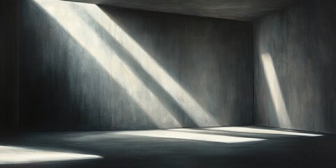 Empty dark room with beams of sunlight casting diagonal shadows on walls and floor creating a quiet and contemplative atmosphere