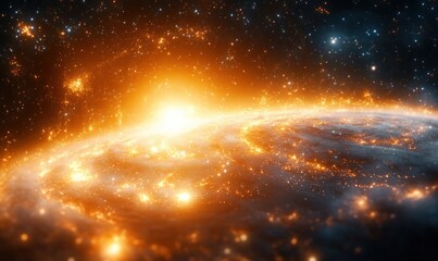 Bright glowing galactic core with numerous sparkling stars and cosmic dust illuminated in warm golden light against a dark starry background conveying cosmic scale and mystery