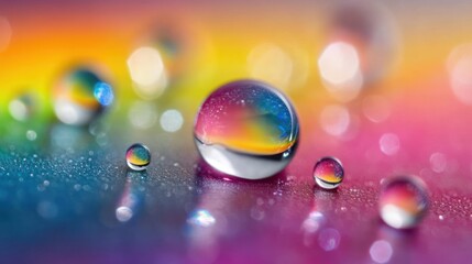 Close-up of multiple colorful water droplets reflecting vibrant pink, orange, yellow, blue, and purple background with smooth bokeh effect