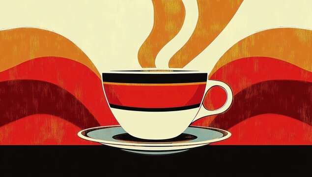 Steaming cup of coffee on a saucer with bold red, black, and cream stripes against a warm retro background with stylized orange and red waves conveying warmth and comfort