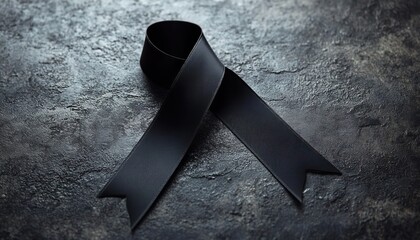 Black awareness ribbon placed on textured dark surface representing mourning, remembrance, and support