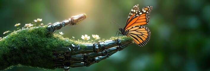 Futuristic robotic hand covered in moss and small white flowers gently holding a vibrant orange butterfly in a soft glowing natural environment