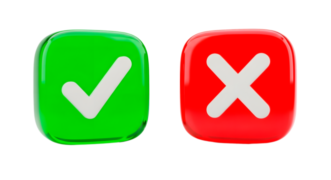 Green checkmark and red cross isolated on transparent background
