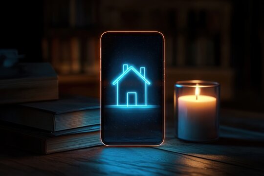 Smartphone displaying glowing blue house icon on wooden table surrounded by stacked books and lit candle creating warm and cozy atmosphere - Powered by Adobe