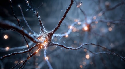 Glowing Neuron Network With Sparkling Connections in a Dark Blue, Futuristic Scene