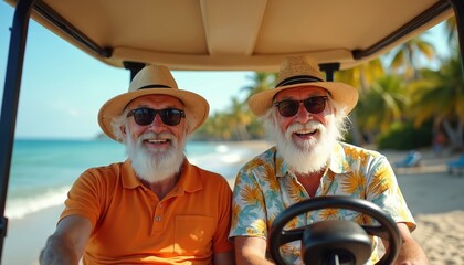 Two happy senior men with beards wear hats, sunglasses. They smile driving golf cart on sunny tropical beach. Blue ocean water, palm trees in background. Friends enjoy their summer vacation together.