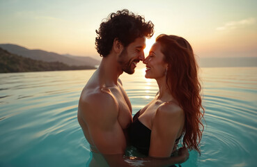 Fototapeta premium Romantic couple enjoys sunset in infinity pool. Happy man and woman embrace during honeymoon vacation. Lovers smile, spending summer holiday together at a luxury resort by the ocean.