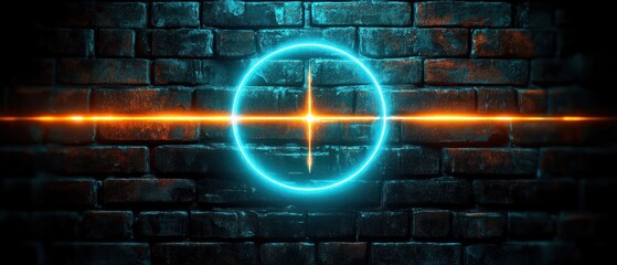 Glowing futuristic neon crosshair with blue circular outline and bright orange horizontal and vertical lines on dark textured brick wall